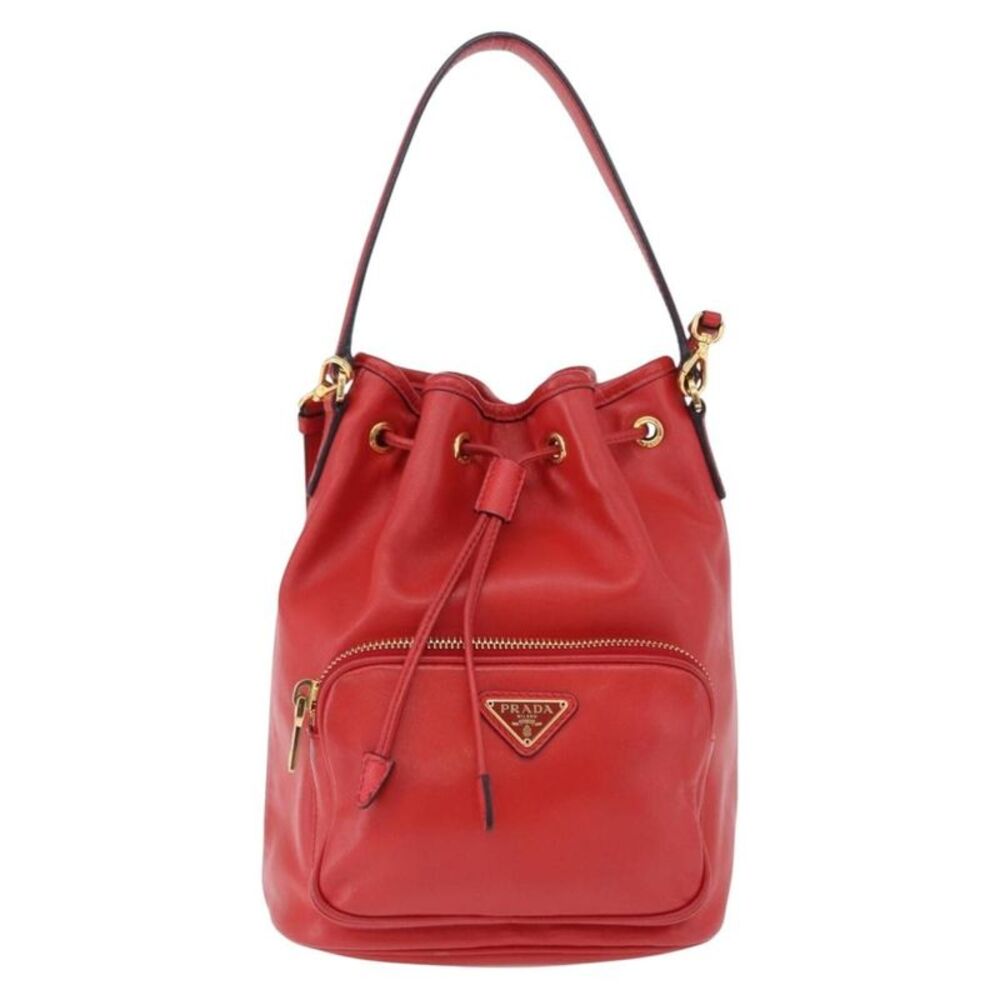 Prada Drawstring Pocket Bucket Soft Calf Red Leather Shoulder Bag Bag
